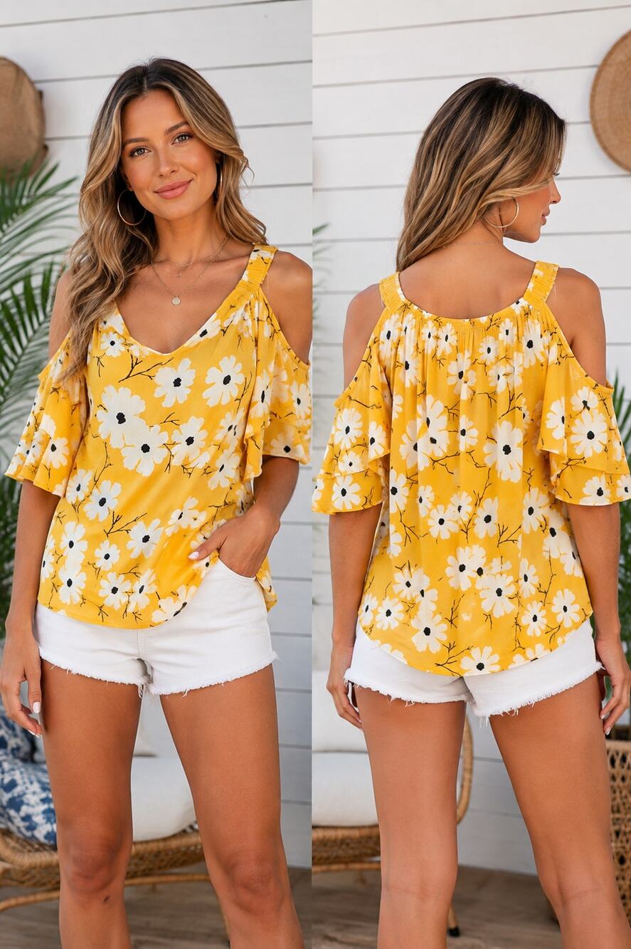 Sugar + L!p2 Yellow Floral Cold Shoulder Boho Top V Neck Size S